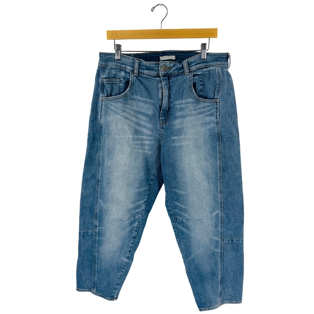 FESTI Barrel Leg Jeans Denim‎ Size 12R Medium Wash High Rise Boho Indie Casual